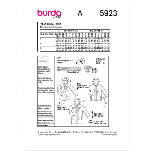 Pattern, Burda, 5923, Hooded Jacket with Patch Pockets