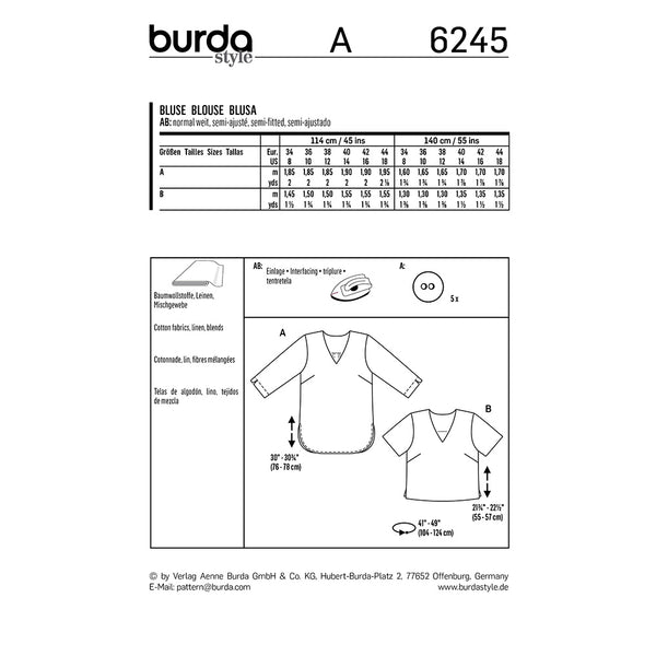 Pattern, Burda, 6245, Tunic Top with V-Neck