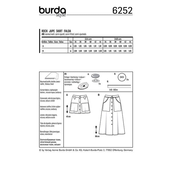 Pattern, Burda, 6252, Skirt - Flared - Front Button Down Fastening