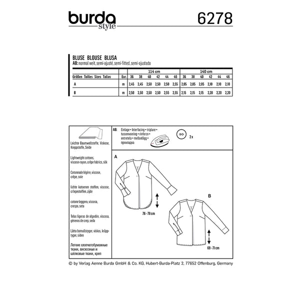 Pattern, Burda, 6278, Blouse with Back Yoke - V-Neckline - Front Side Pleat