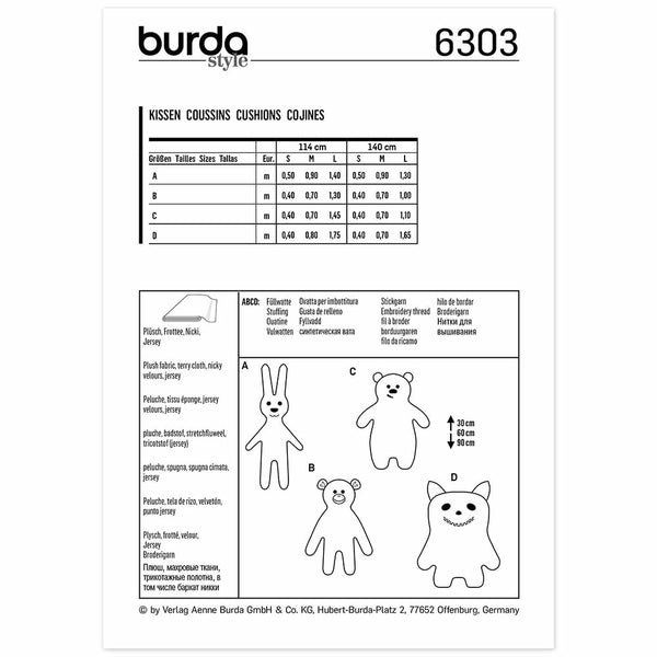 Pattern, Burda, 6303, Motif Pillow - Bunny - Monkey - Bear - Monster