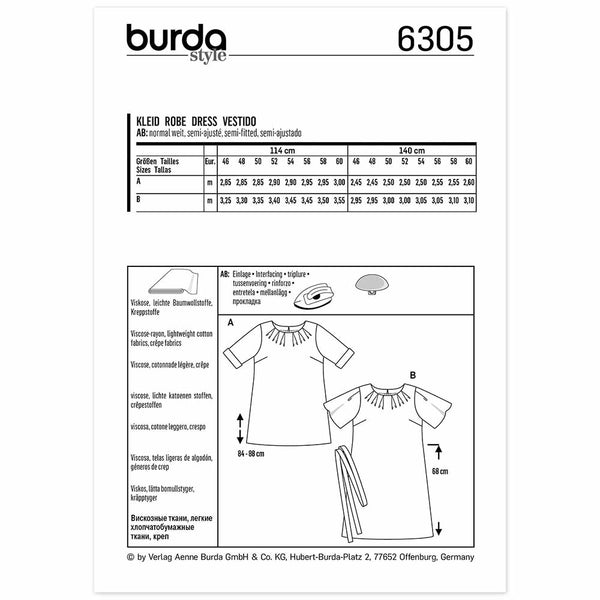 Pattern, Burda, 6305, Top and Dress - Pleats at Neckline - A-Line