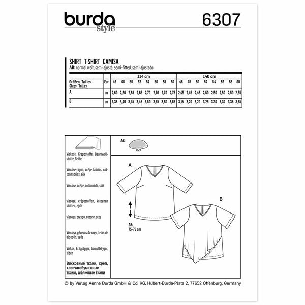 Pattern, Burda, 6307, Blouse Top - V-Neck - with Asymmetric Over Layer
