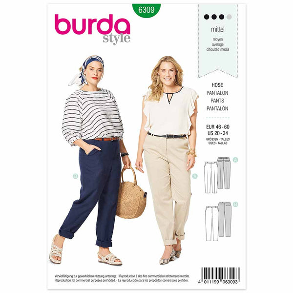 Pattern, Burda, 6309, Basic Pants/Trousers with Back Elastic Casing - Cone Shape