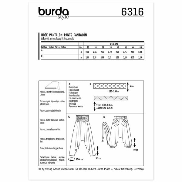 Pattern, Burda, 6316 Sarouel Pants/Trousers - Harem Pants/Trousers - Shirred Waistband