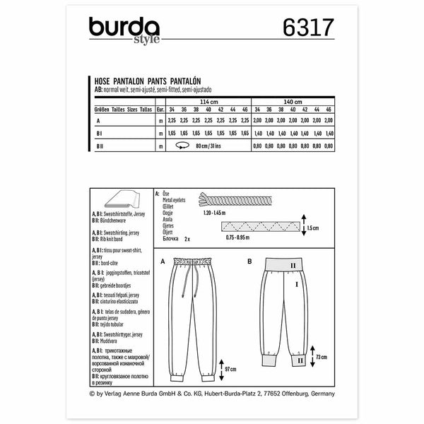 Pattern, Burda, 6317 Jogging Pants - Pull On Pants/Trousers with Leg Bands