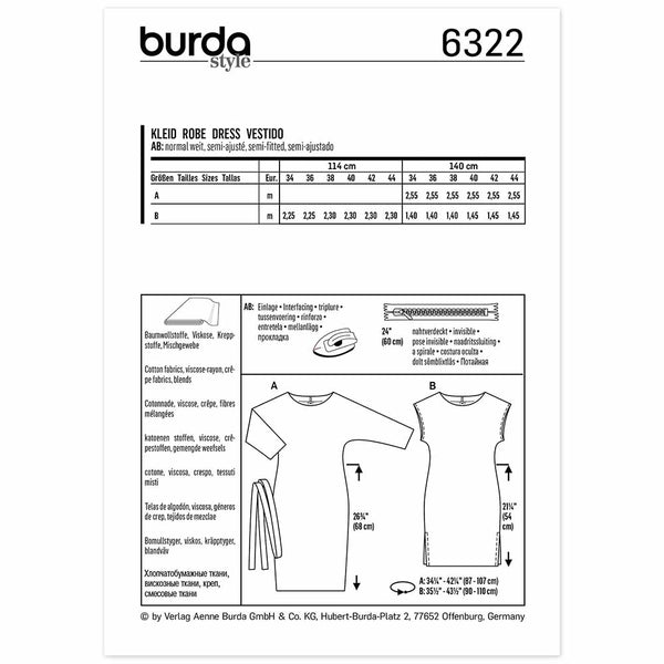 Pattern, Burda, 6322, Dress - Batwing Sleeves - Over-cut Shoulders