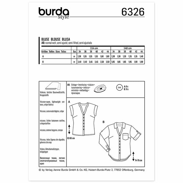 Pattern, Burda, 6326, Shirt Blouse - V-Neck with Neckline Band - B with Collar