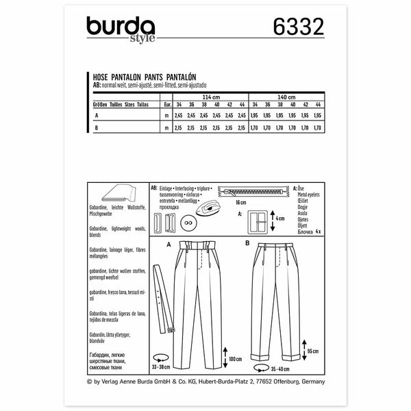 Pattern, Burda, 6332, Highwaisted Pleated Trousers - Cuffs