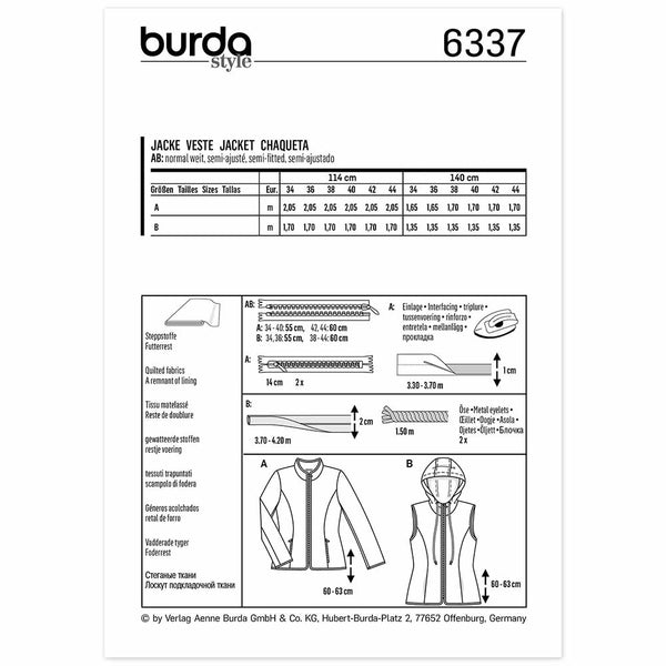 Pattern, Burda, 6337, Quilted Jacket with Zip Fastening - Hooded Vest