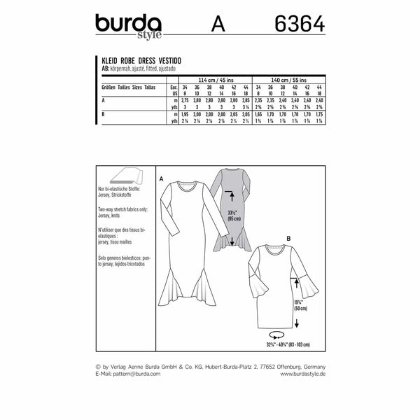 Pattern, Burda, 6364, Long Dress with Side Godets - Shirt Dress with Sleeve Flounces