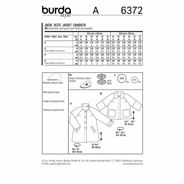 Pattern, Burda, 6372, Raglan-Jacket - Flared Shape