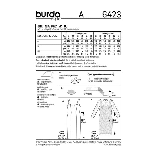 Pattern, Burda, 6423,  Strap Dress - Lace Dress with 3/4-Sleeves