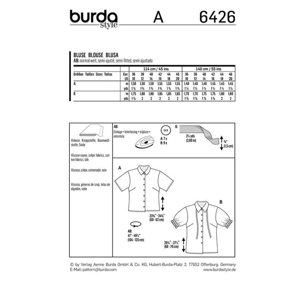 Pattern, Burda, 6426, Short Sleeved Blouse - Shirt Blouse Collar