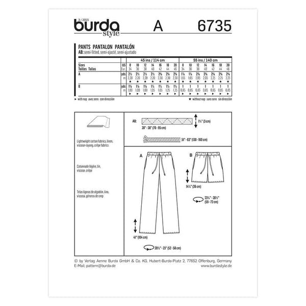 Pattern, Burda, 6735, Ladies Pants
