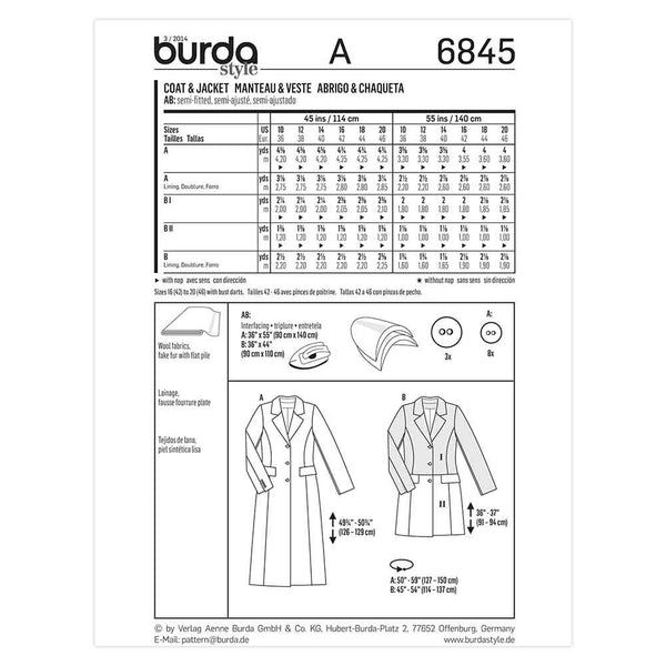 Pattern, Burda, 6845, Coat/Jacket