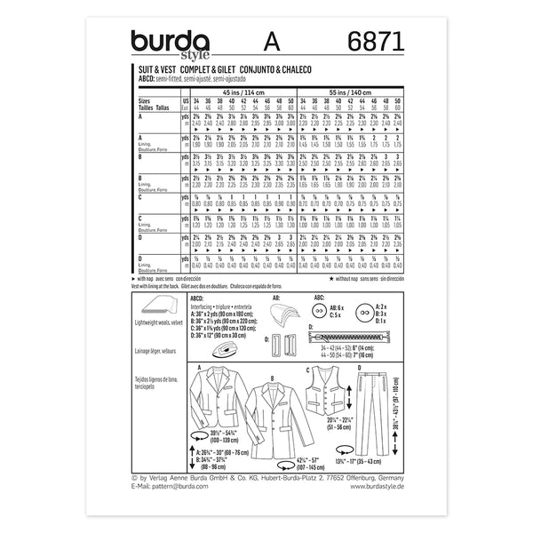 Pattern, Burda, 6871, Men's Suit/Jacket and Pants
