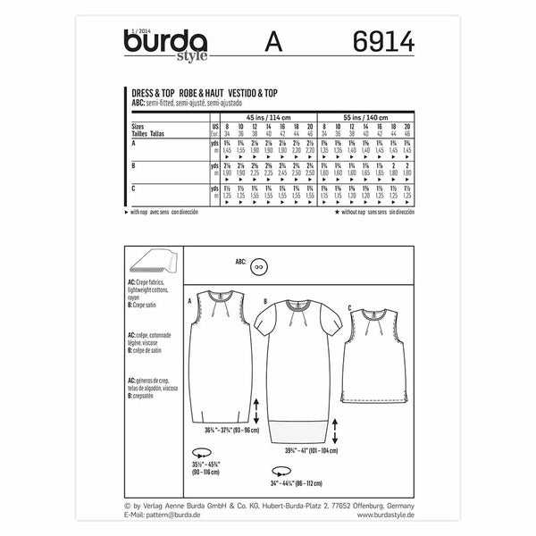 Pattern, Burda, 6914, Ladies Dress/Top
