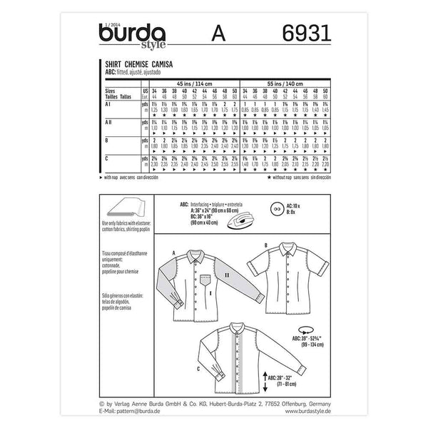 Pattern, Burda, 6931, Men's Shirt