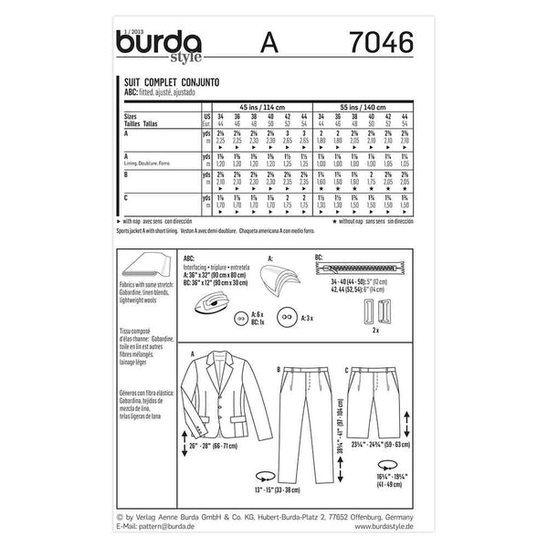 Pattern, Burda, 7046, Jacket and Pants, Menswear