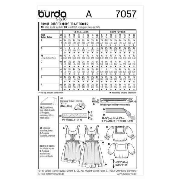 Pattern, Burda, 7057, Dirndl Dress and Blouse, Ladies