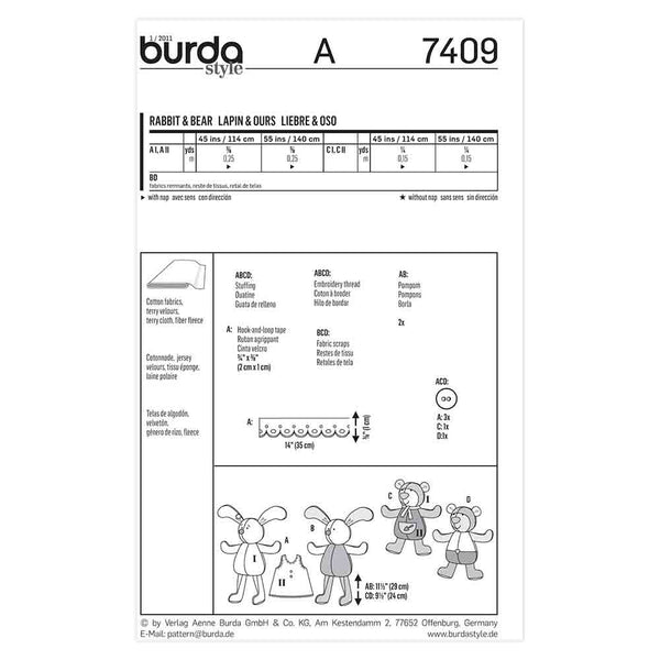 Pattern, Burda, 7409, Stuffed Animals