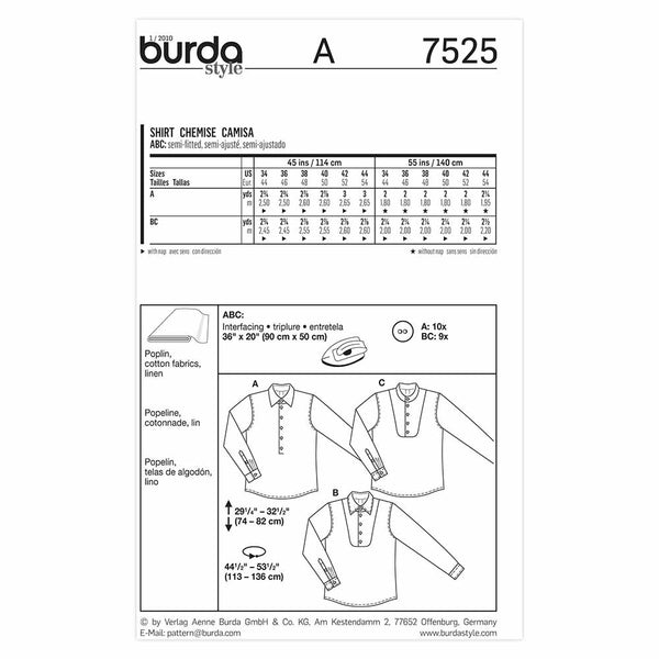 Pattern, Burda, 7525, Shirts, Mens