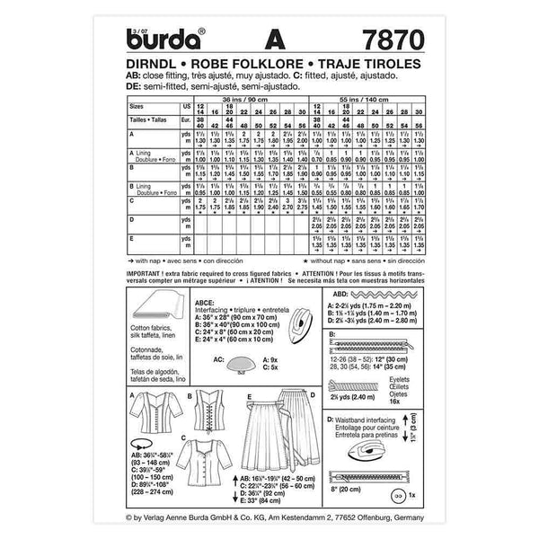 Pattern, Burda, 7870, Dirndl Costume