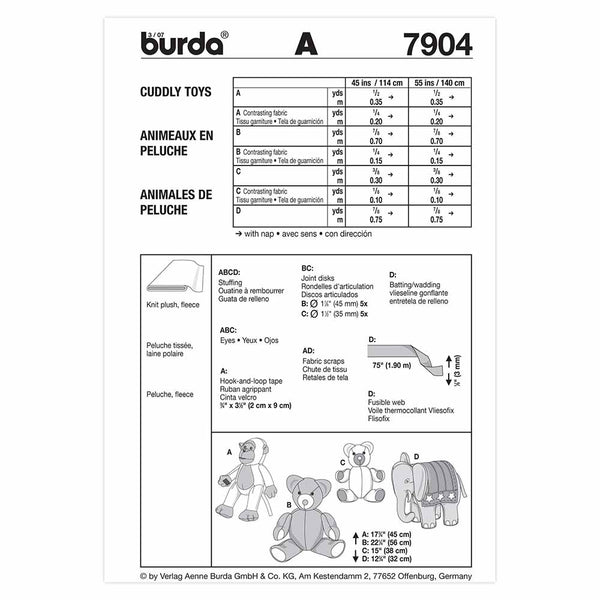 Pattern, Burda, 7904, Stuffed Animals