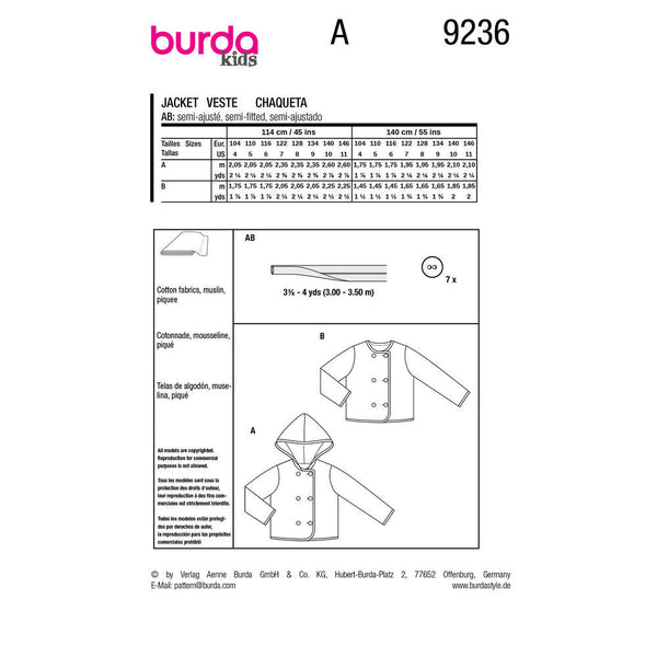Pattern, Burda, 9236, Jackets, Kids
