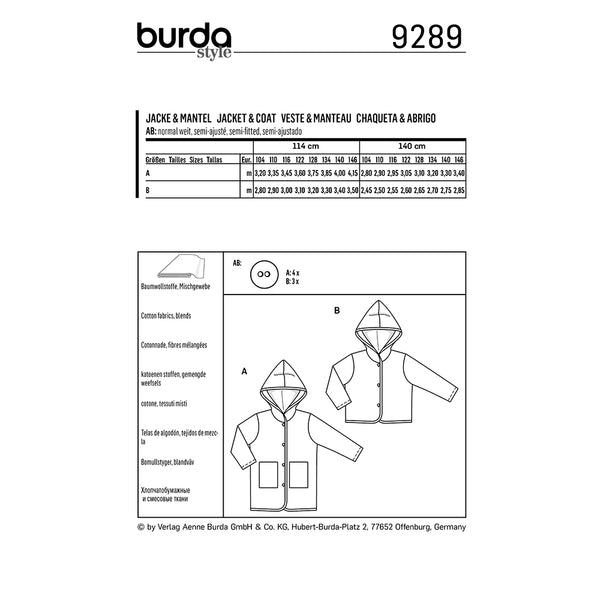 Pattern, Burda, 9289, Jacket/Coat, Kids