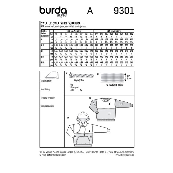 Pattern, Burda, 9301, Kids Sweatshirt