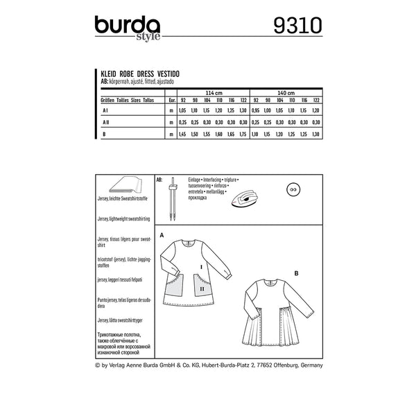 Pattern, Burda, 9310, Kids Dress with Pockets