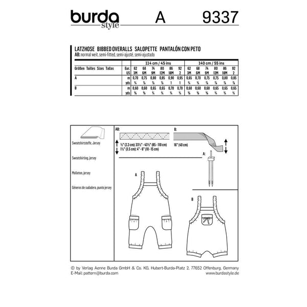 Pattern, Burda, 9337, Kids Bibbed Overalls