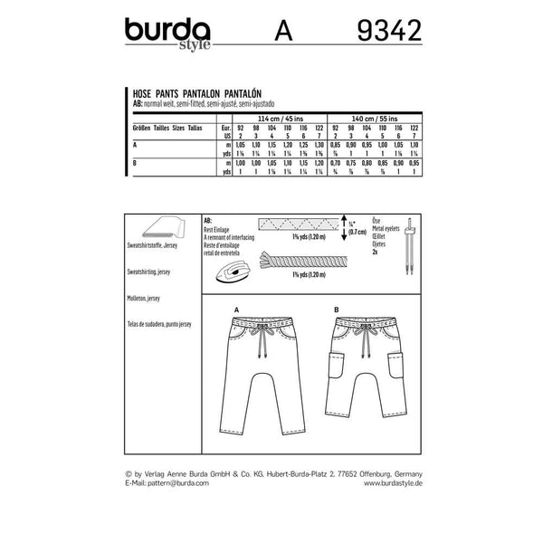 Pattern, Burda, 9342, Kids Pants