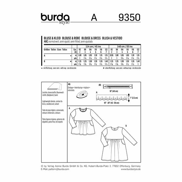 Pattern, Burda, 9350, Kids Blouse and Dress