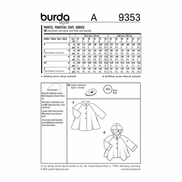 Pattern, Burda, 9353, Kids Coat