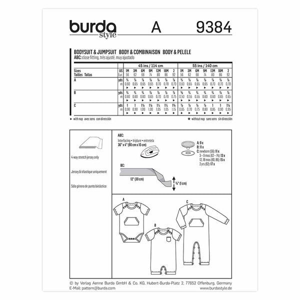 Pattern, Burda, 9384, Bodysuit Jumpsuit, Baby Toddler