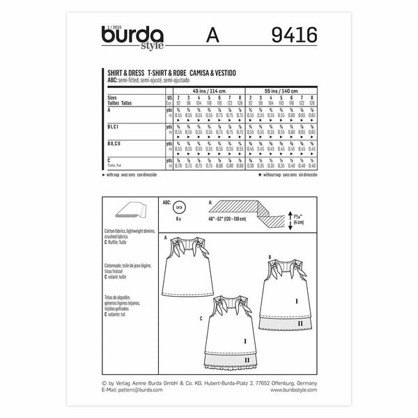 Pattern, Burda, 9416, Shirt and Dress, Toddler, Kids