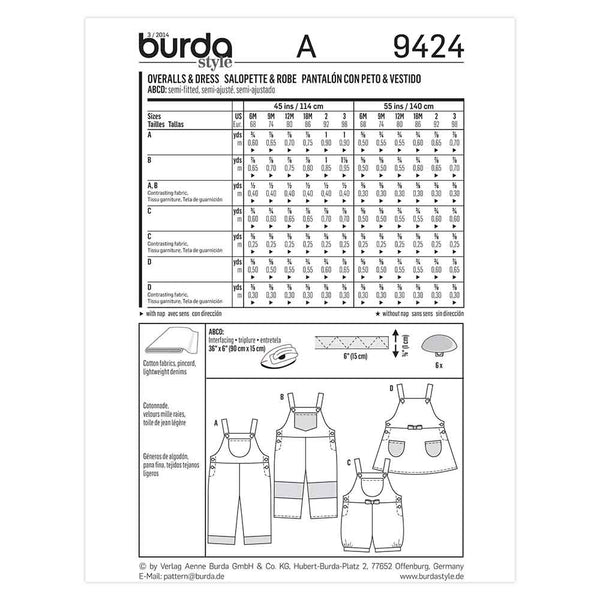 Pattern, Burda, 9424, Overall, Bibbed Dress, Baby, Toddler