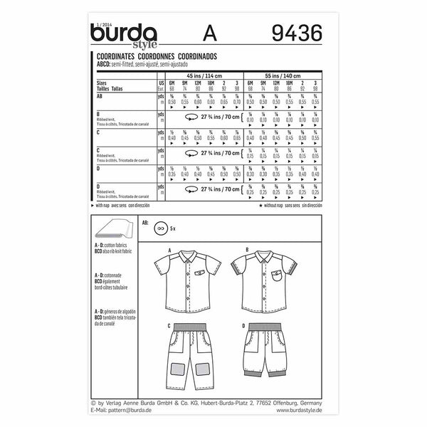 Pattern, Burda, 9436, Shirt, Pant, Kids, Toddler