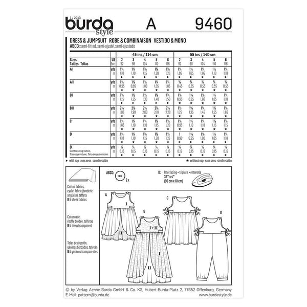Pattern, Burda, 9460, Dress and Jumpsuit, Toddlers, Kids