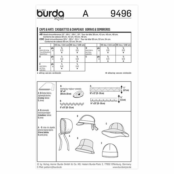 Pattern, Burda, 9496, Hats, Baby, Toddler, Kids