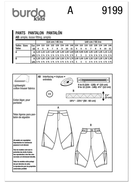 Pattern, Burda, 9199 Children's Bloomers