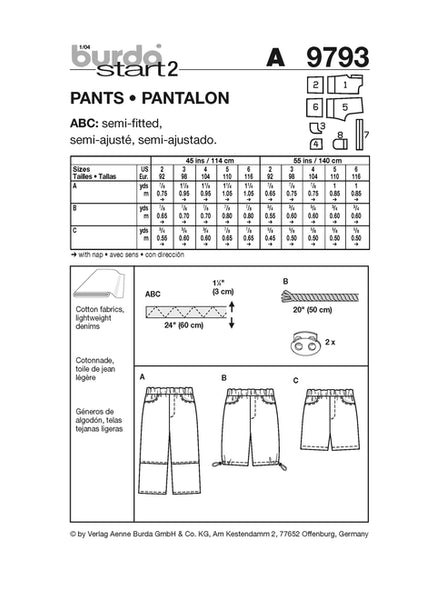 Pattern, Burda, 9793,  Kids Pants