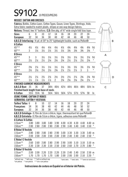 Pattern, SIMPLICITY 9102 Misses' Caftan & Dresses