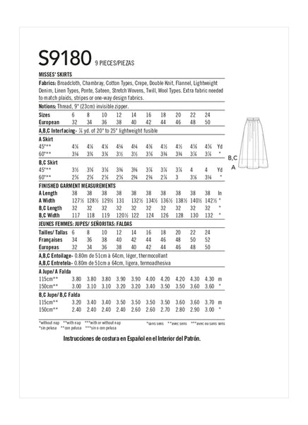 Pattern, SIMPLICITY 9180 Misses' Skirts