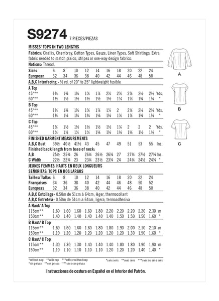 Pattern, SIMPLICITY 9274  Misses' Tops In Two Lengths