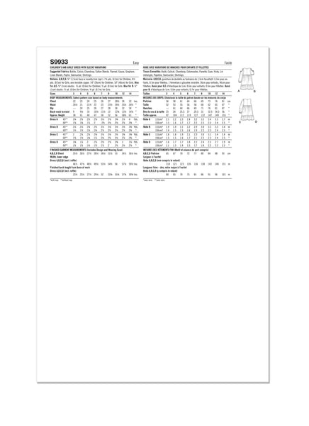 Pattern, SIMPLICITY 9933, Children's and Girls' Dress with Sleeve Variations