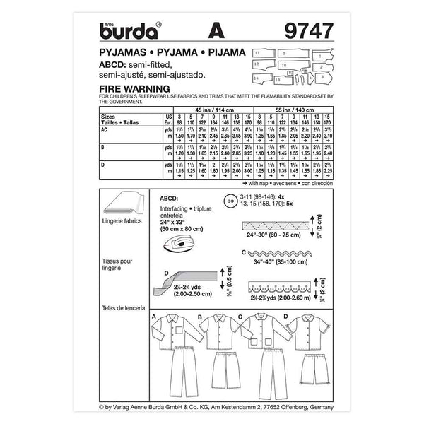 Pattern, Burda, 9747, Child Pajamas